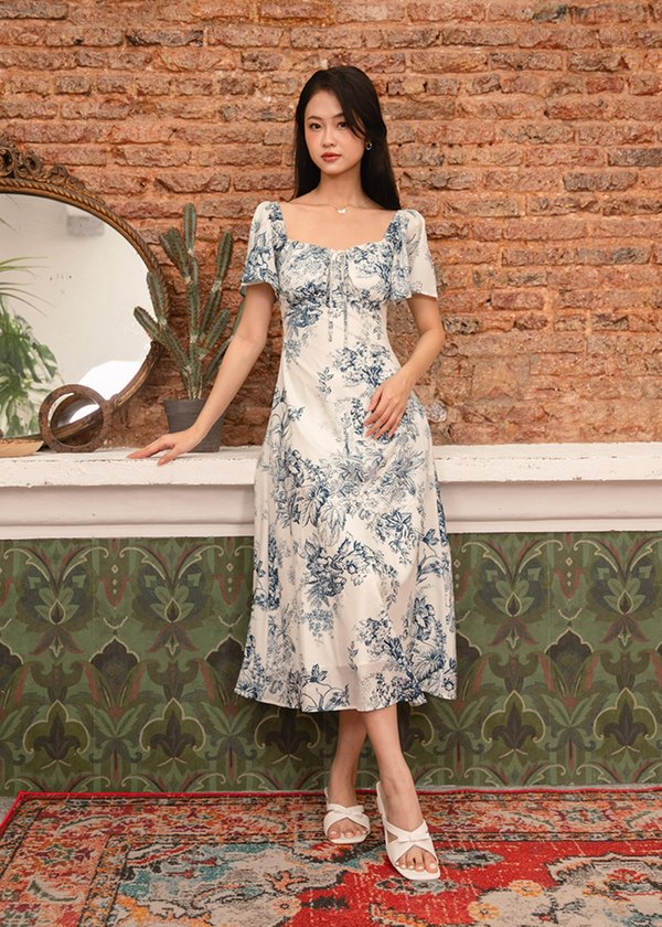 Flurina Flutter Sleeves Floral Midi Dress in Blue