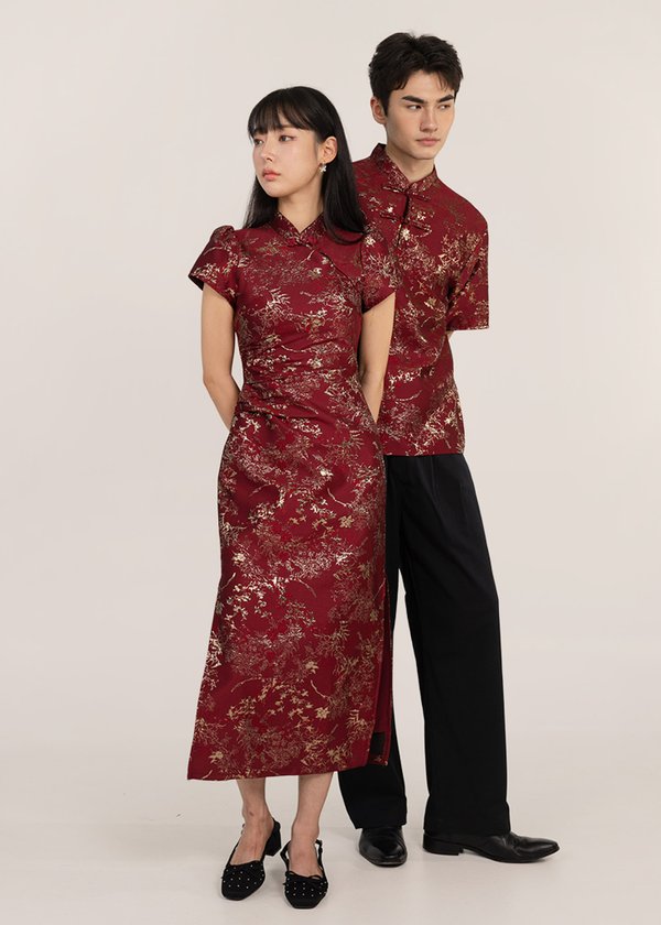 合 (Hé-Together) Qipao Midi Dress in Dark Red