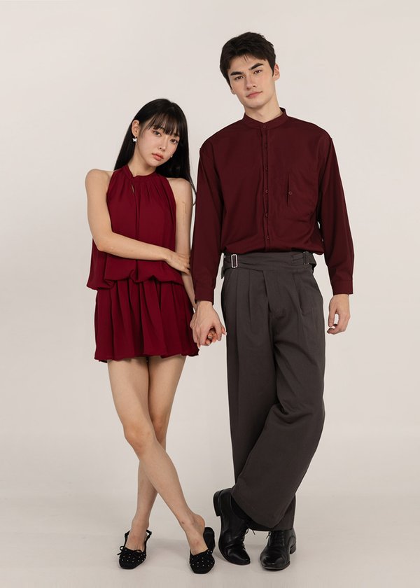(MEN) Oxford Mandarin Collar Shirt in Dark Maroon