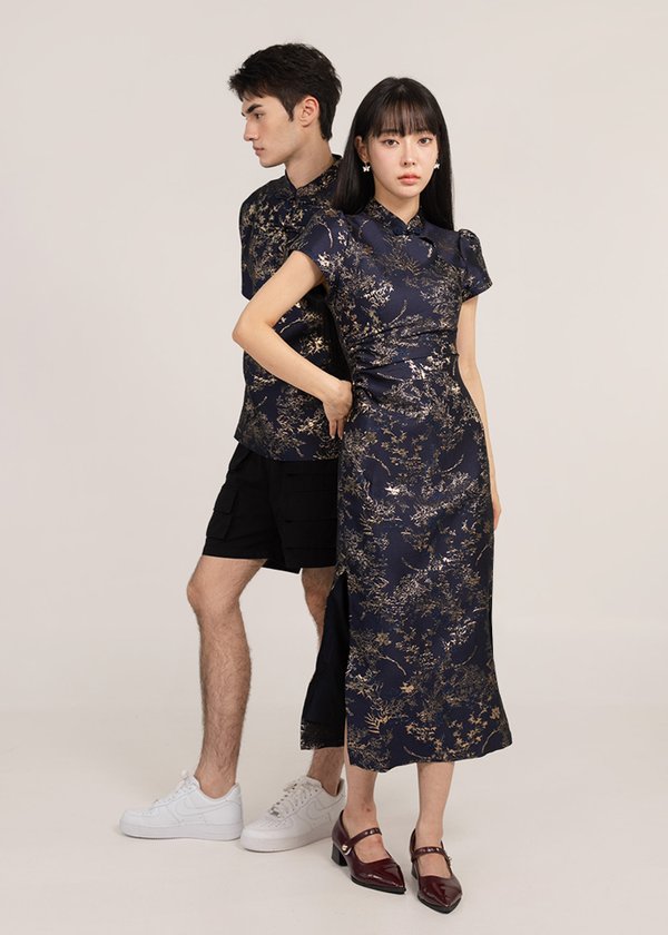 合 (Hé-Together) Qipao Midi Dress in Navy