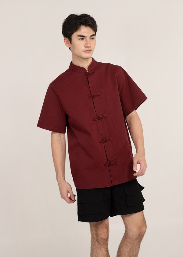 (MEN) 温 (Wēn-Warmth) Denim Top in Dark Red