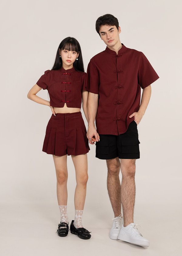 温 (Wēn-Warmth) Denim Shorts in Dark Red