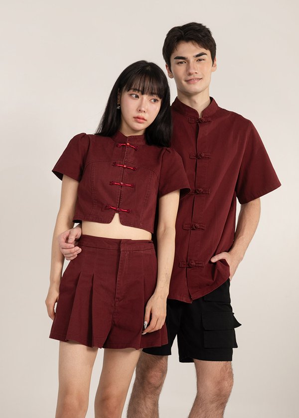 (MEN) 温 (Wēn-Warmth) Denim Top in Dark Red