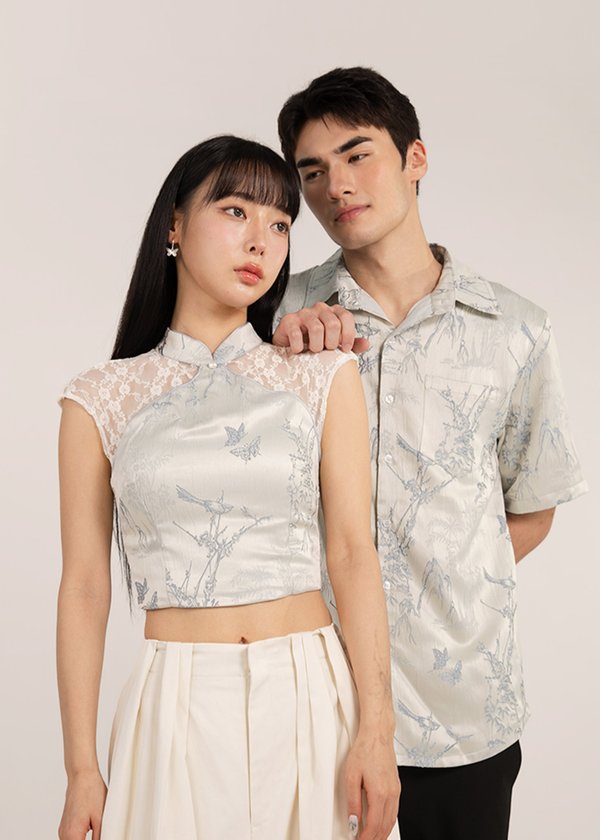 团 (Tuán-Reunion) Qipao Top in Silver Florals