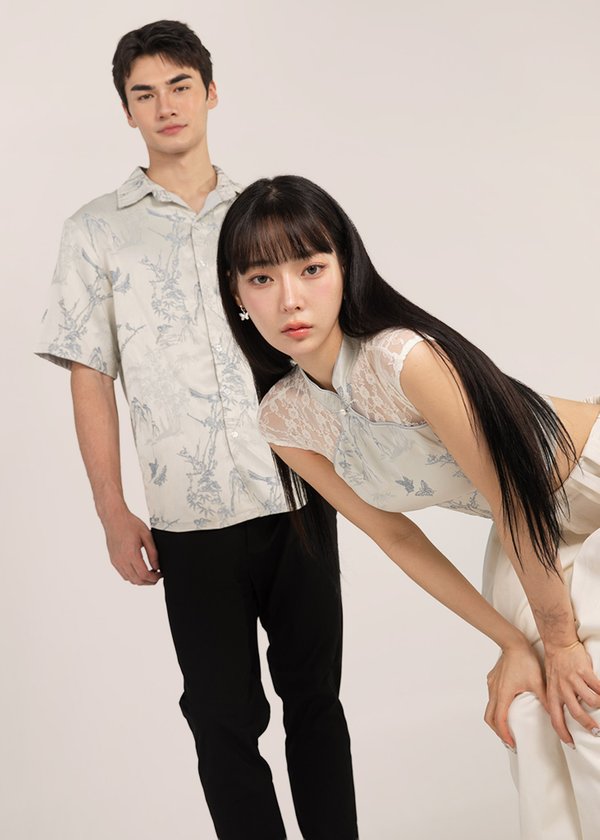 团 (Tuán-Reunion) Qipao Top in Silver Florals