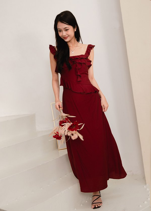 Valencia Midi Ruffles Dress in Dark Maroon