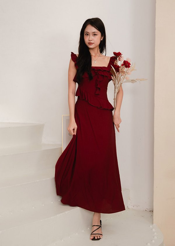 Valencia Midi Ruffles Dress in Dark Maroon