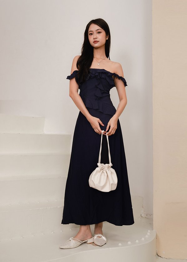 Valencia Midi Ruffles Dress in Navy