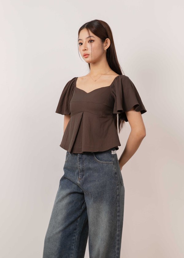 Aris Pleated Flutter Top in Teawood