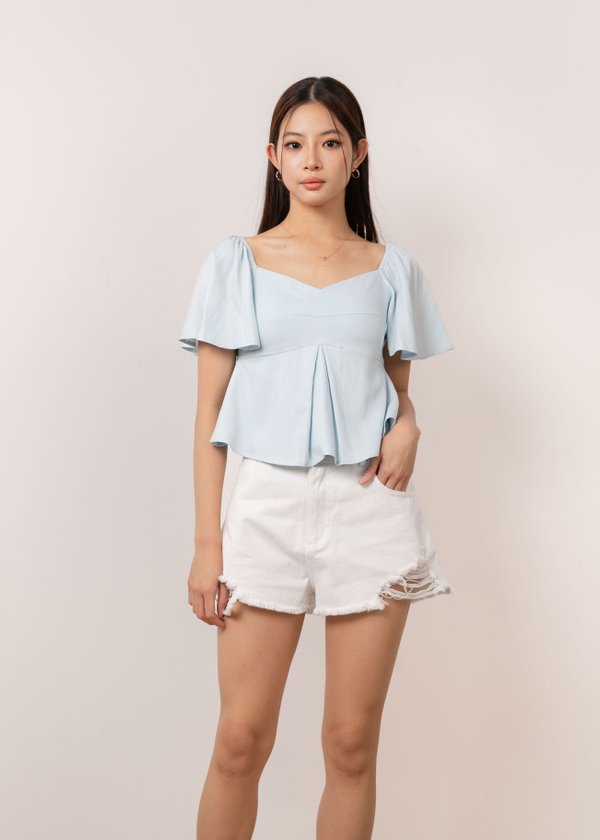 Aris Pleated Flutter Top in Baby Blue
