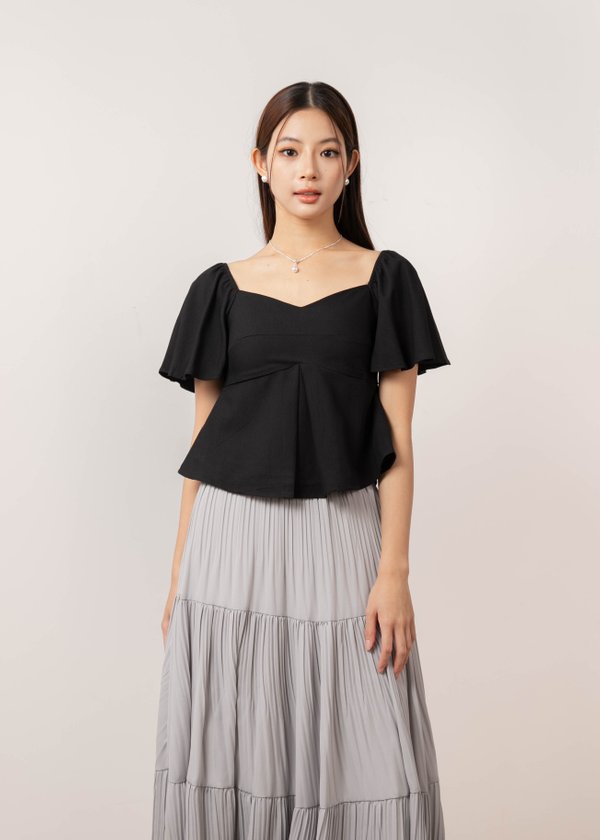 Aris Pleated Flutter Top in Black