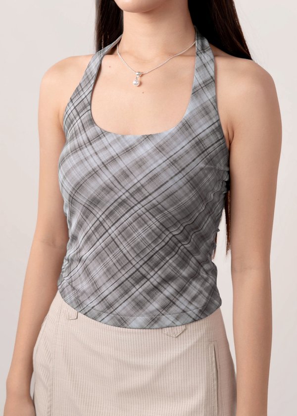 Checkmate Halter Top in Slate Black Plaid