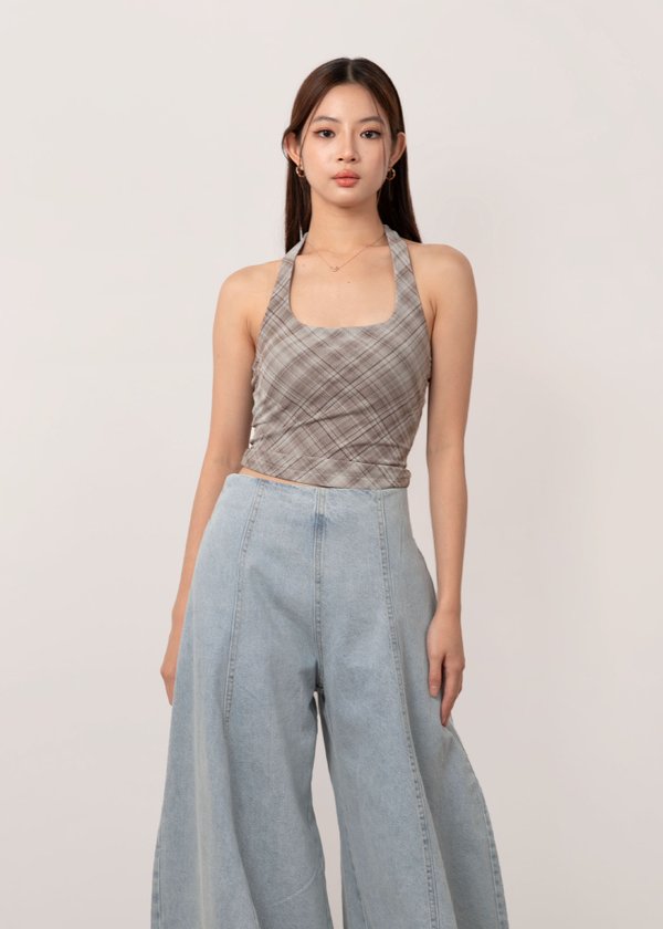 Checkmate Halter Top in Russet Brown Plaid