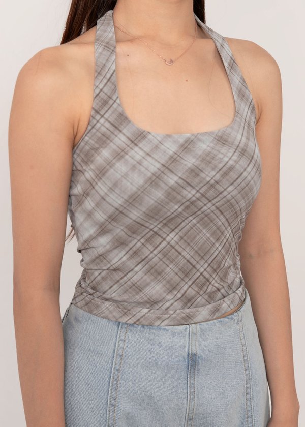 Checkmate Halter Top in Russet Brown Plaid