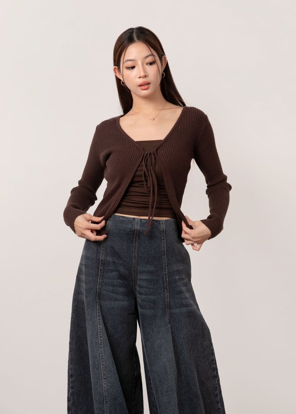 Snowdrop Tie String Cardigan in Mocha Brown
