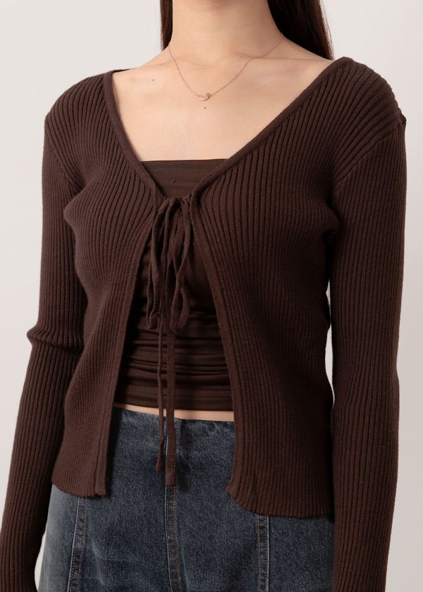 Snowdrop Tie String Cardigan in Mocha Brown