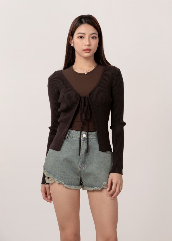 Snowdrop Tie String Cardigan in Espresso Brown