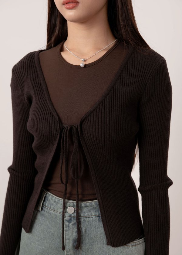 Snowdrop Tie String Cardigan in Espresso Brown