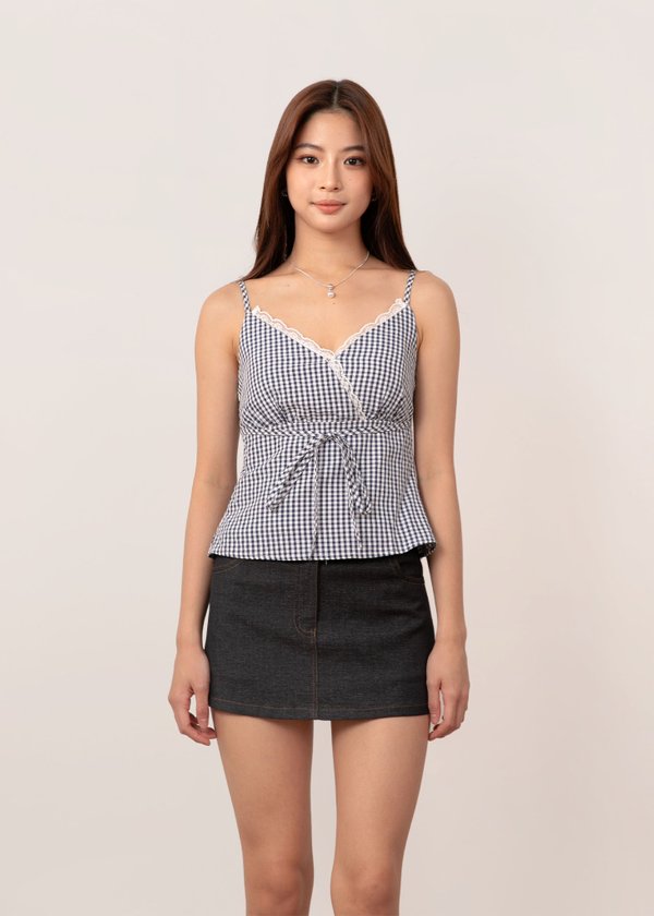 Zella Checkered Babydoll Top in Navy