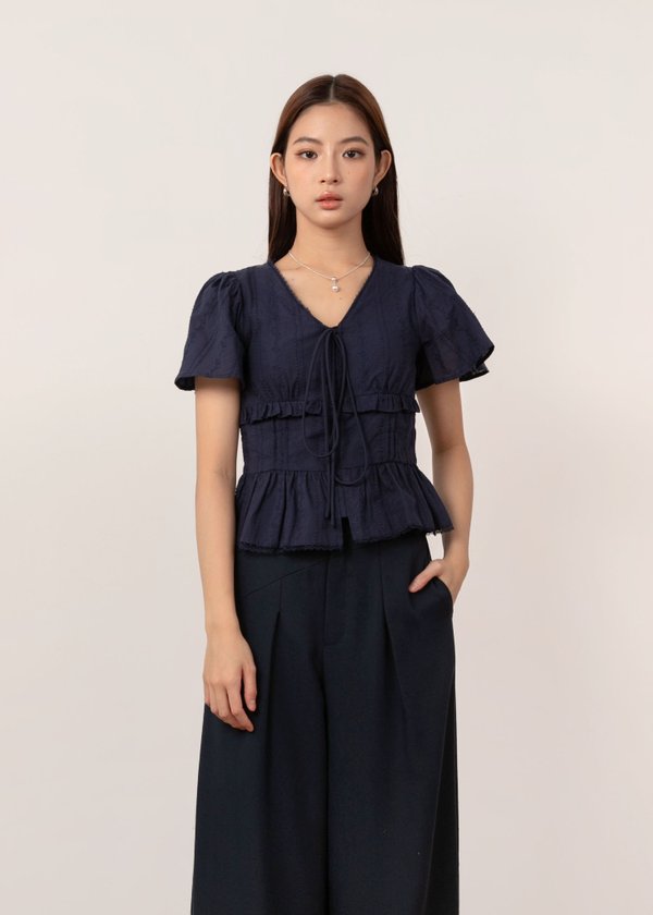 Mirelle Lace Flutter Sleeve Top in Navy