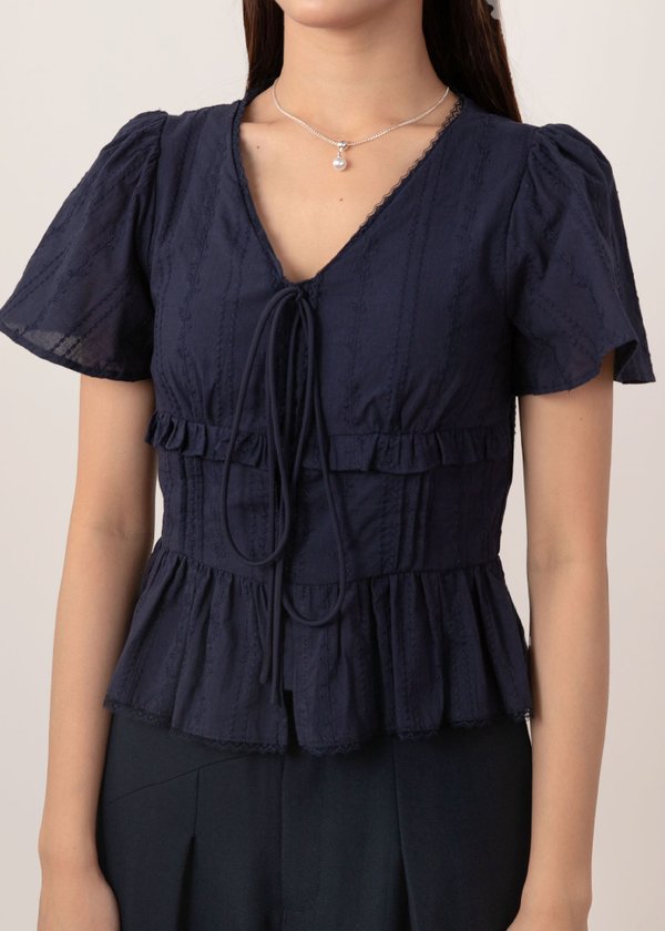 Mirelle Lace Flutter Sleeve Top in Navy