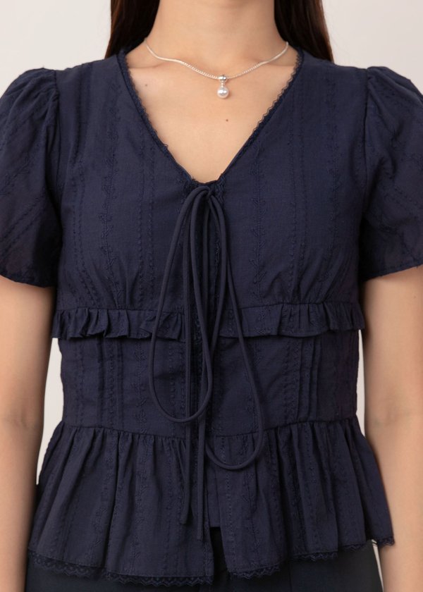 Mirelle Lace Flutter Sleeve Top in Navy