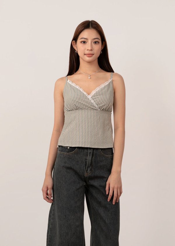 Zella Checkered Babydoll Top in Vintage Green