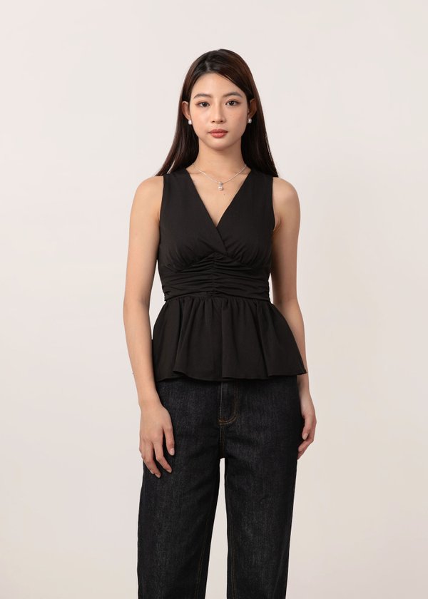 Meadow Peplum Ruched Top in Black