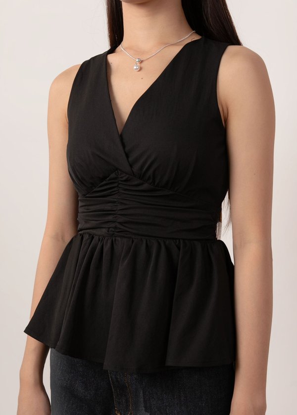 Meadow Peplum Ruched Top in Black