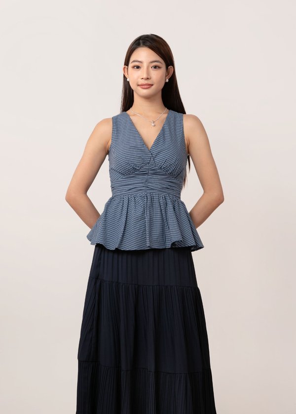Meadow Peplum Ruched Top in Blue Checkered