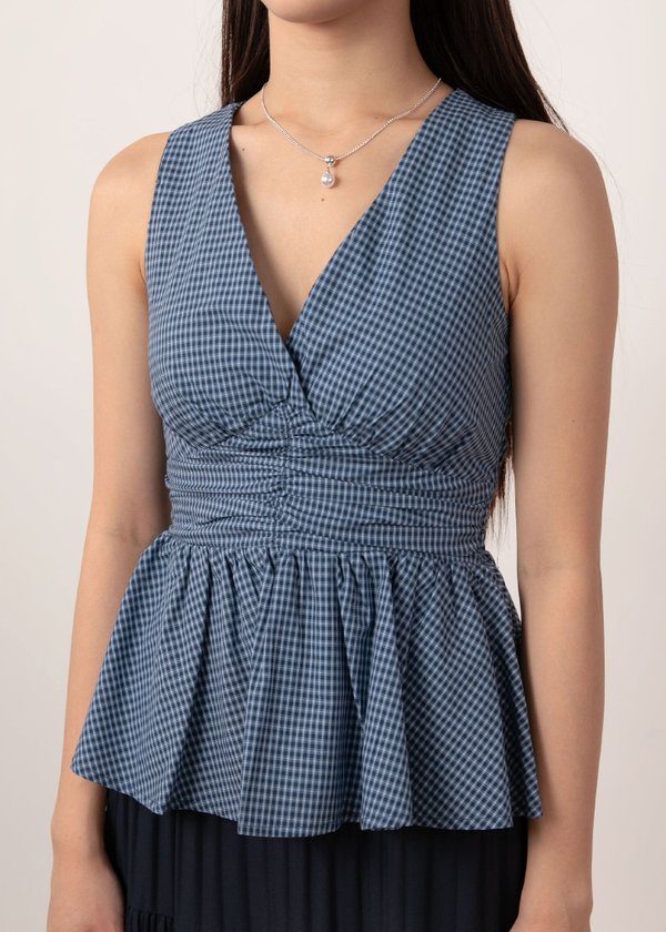 Meadow Peplum Ruched Top in Blue Checkered