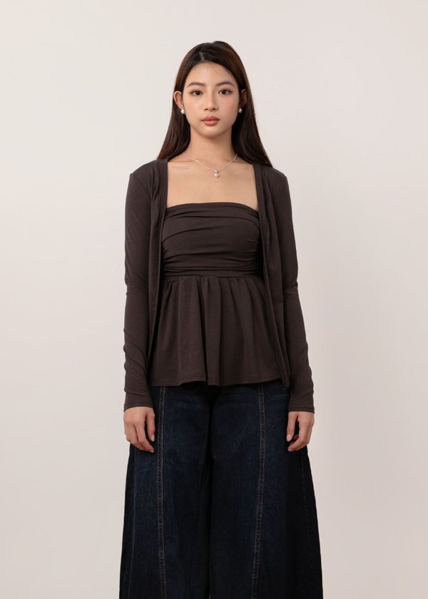 Elora Duo Peplum Top & Cardi Set in Graphtie Brown *US*