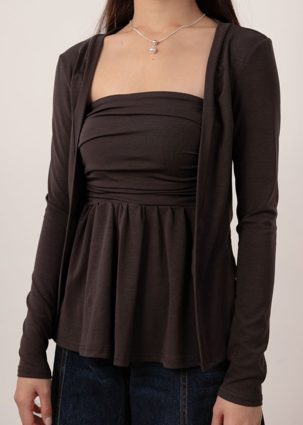 Elora Duo Peplum Top & Cardi Set in Graphtie Brown *US*