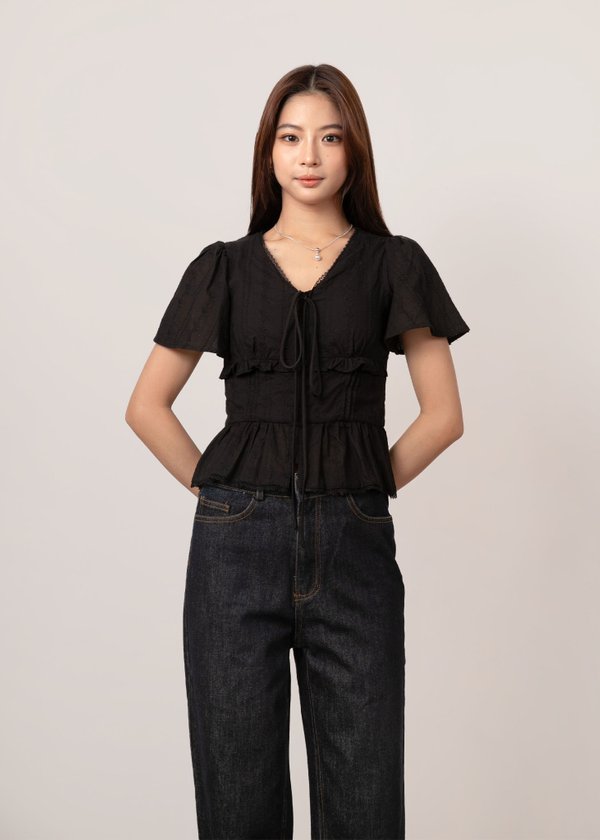 Mirelle Lace Flutter Sleeve Top in Black