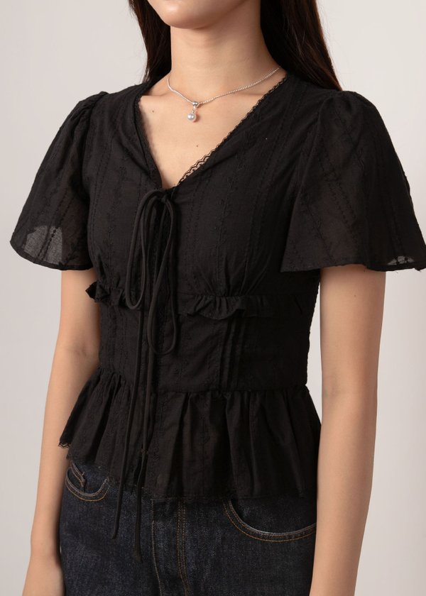 Mirelle Lace Flutter Sleeve Top in Black