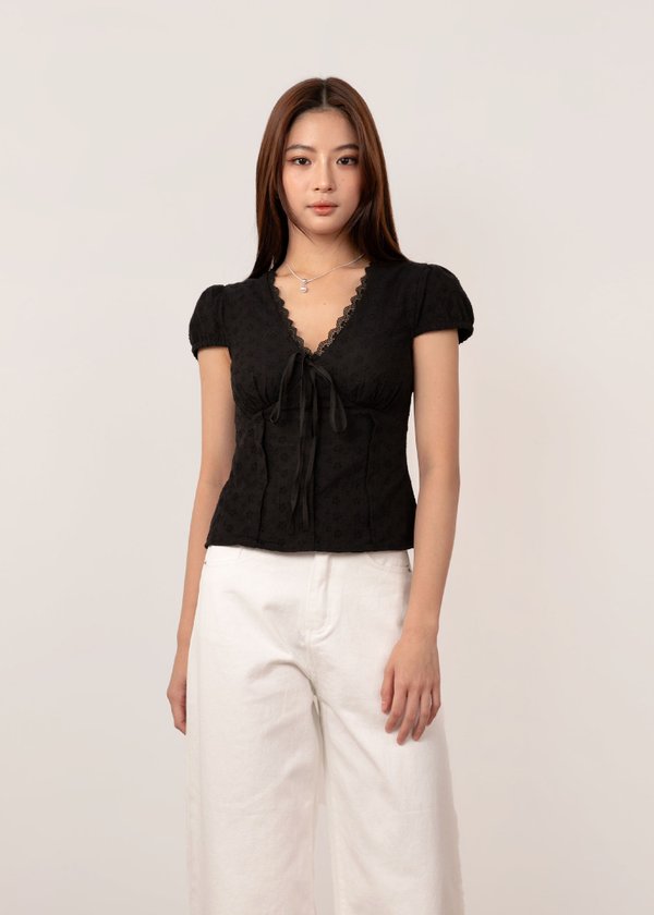 Sora Lace Ribbon Top in Black