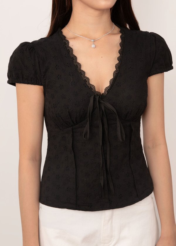 Sora Lace Ribbon Top in Black