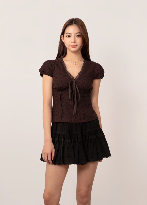 Sora Lace Ribbon Top in Brown