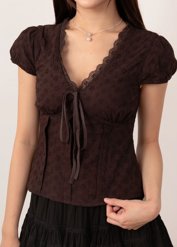 Sora Lace Ribbon Top in Brown