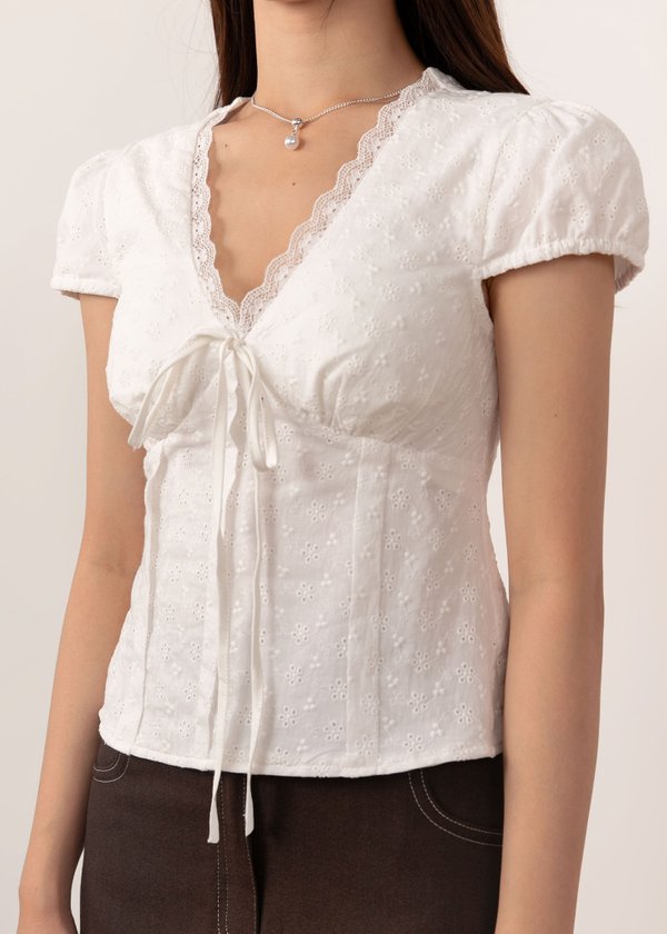 Sora Lace Ribbon Top in White