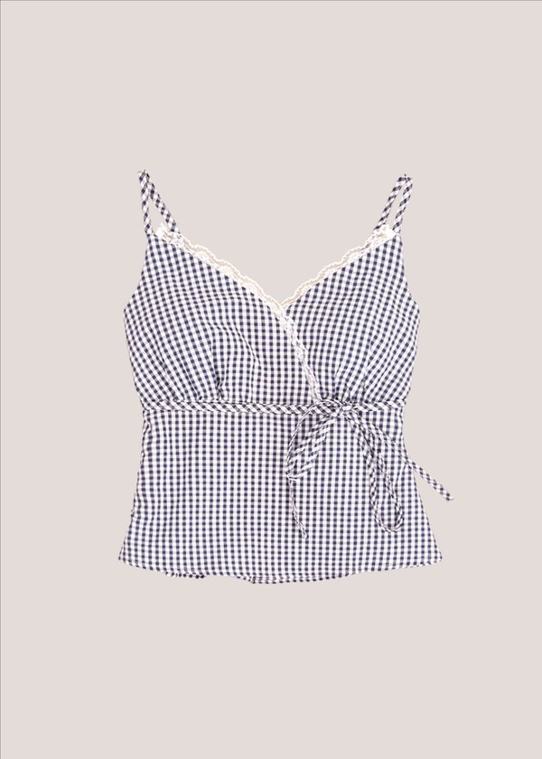 Zella Checkered Babydoll Top in Navy