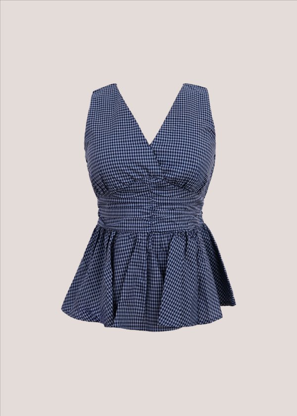 Meadow Peplum Ruched Top in Blue Checkered