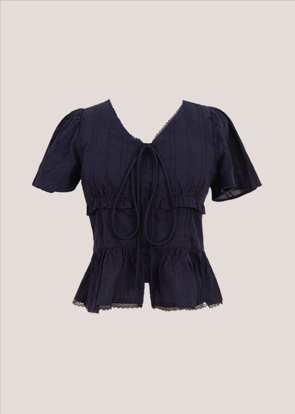 Mirelle Lace Flutter Sleeve Top in Navy