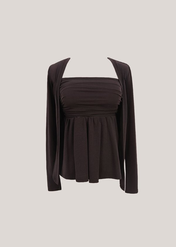 Elora Duo Peplum Top & Cardi Set in Graphite Brown *US*