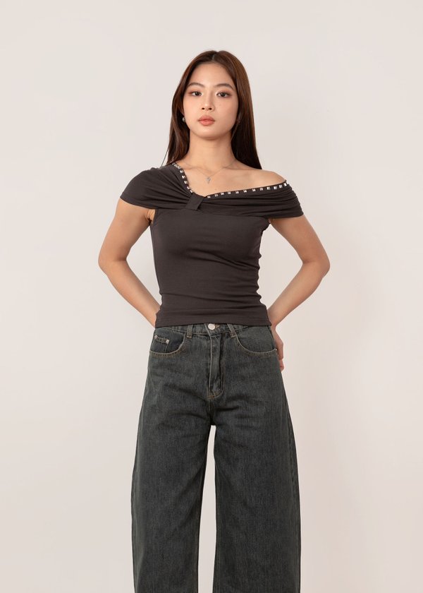 Unfiltered Studded Off Shoulders Top in Gun Metal *US*