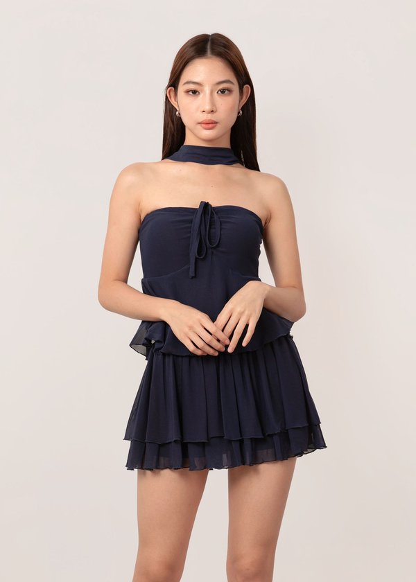 Quiet Glow Mesh Peplum Top in Navy