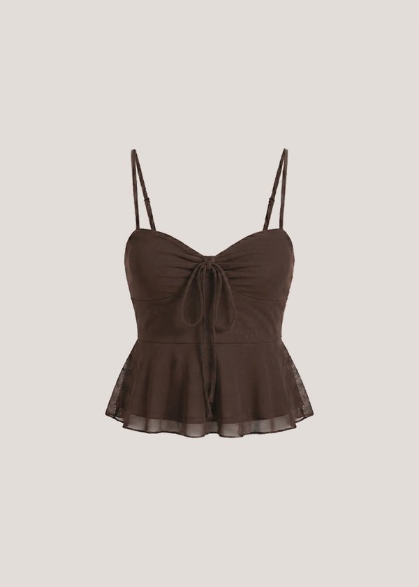 Quiet Glow Mesh Peplum Top in Espresso Brown