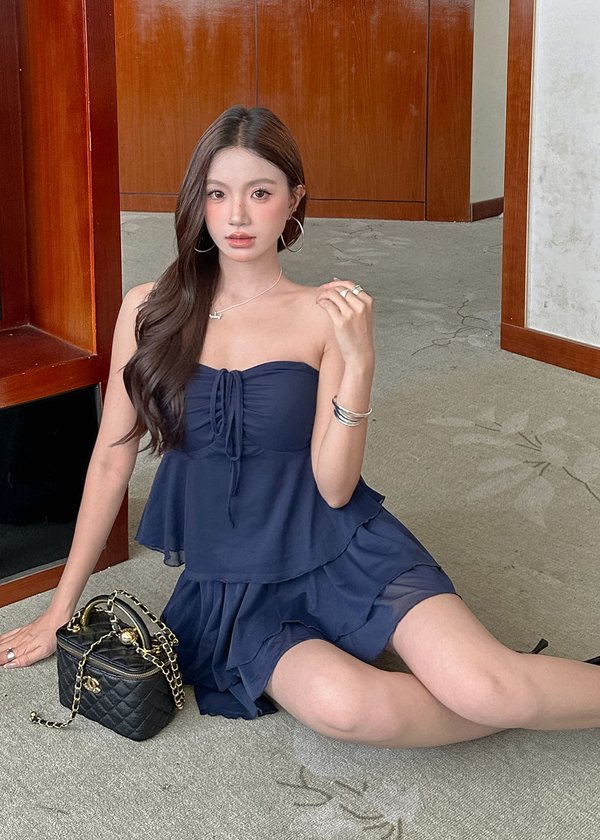 Quiet Glow Mesh Peplum Top in Navy