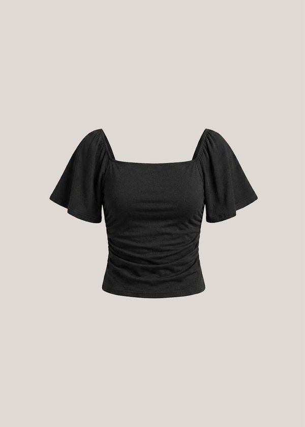 Willow Flutter Sleeve Ruched Top in Black *US*