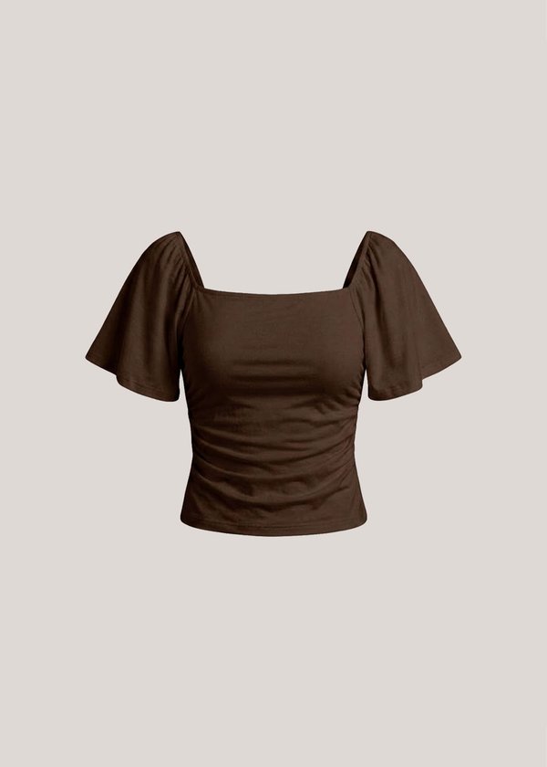 Willow Flutter Sleeve Ruched Top in Espresso Brown *US*